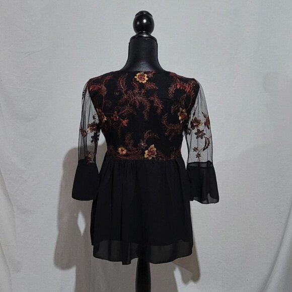 Elena Baldi blouse lacy goth fairy shirt sheer sleeves back floral embroidery - Picture 3 of 13